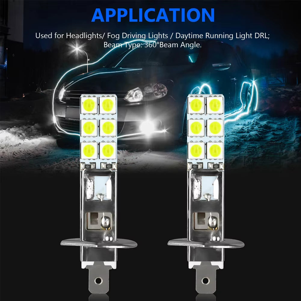 2X Car H1 LED Fog Lights 6000K Headlights Fog Driving Lights Daytime Running Light DRL H1-12SMD-5050 Super Bright Lighting