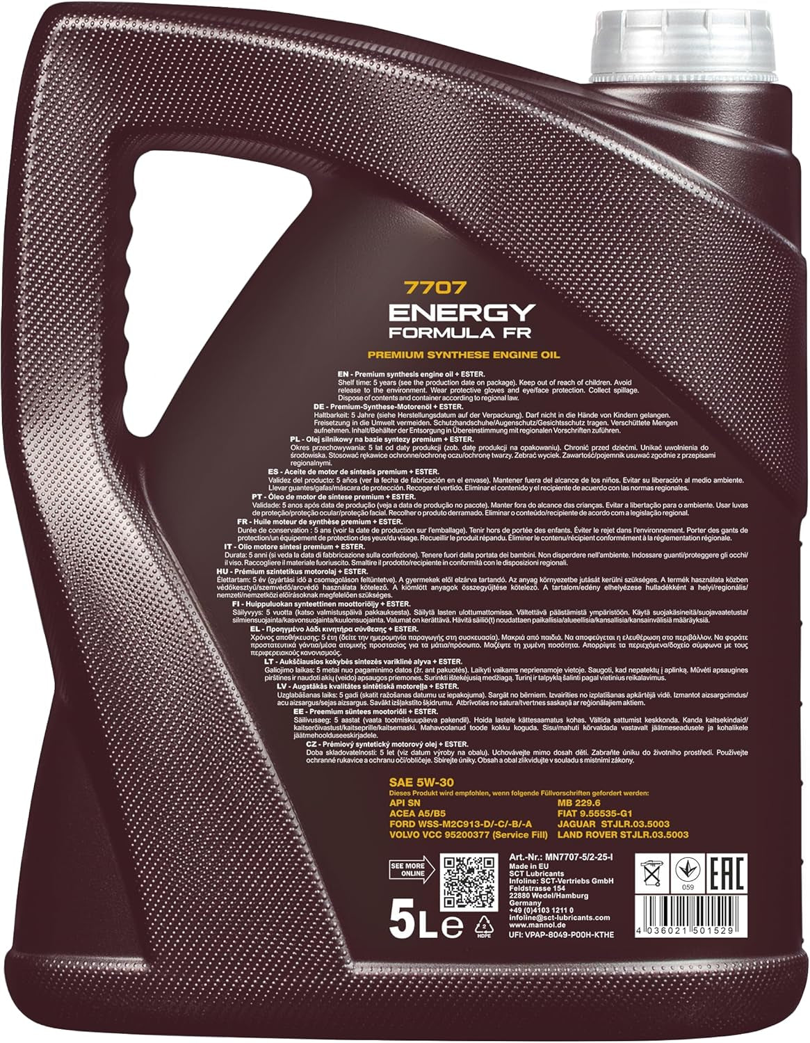 MANNOL | Aceite De Motor Sintético Con Éster | Energy Fórmula FR 5W-30 | MN7707-5 | 5L | Ahorro De Combustible Y Alta Protección | Compatible Con FORD, VOLVO, GM, FIAT, JAGUAR Y LAND ROVER