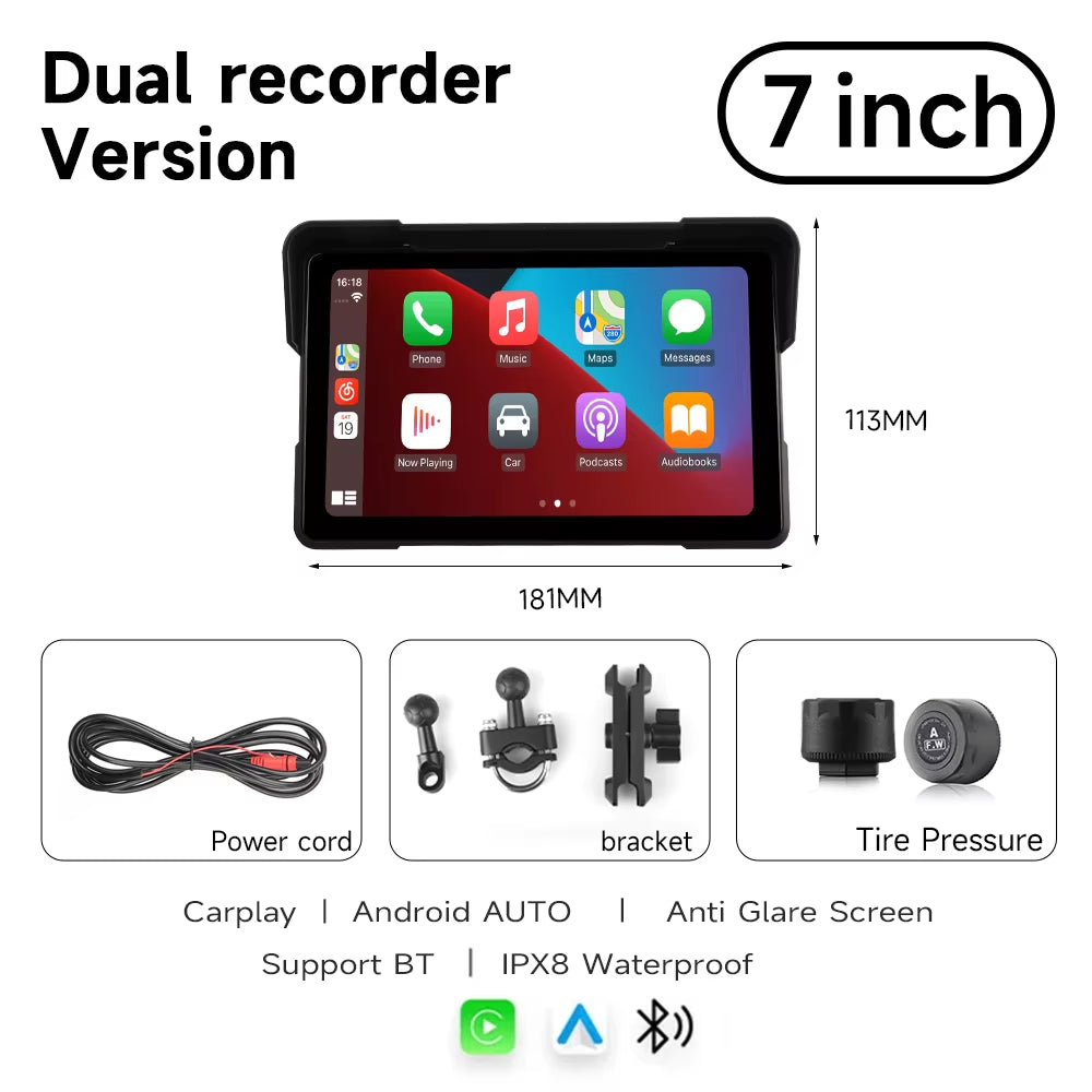 7'' Motorcycle DVR GPS Navigator Dash Cam Wireless Carplay Android Auto IPX8 Waterproof Moto Front Rear Camera Bluetooth Inch