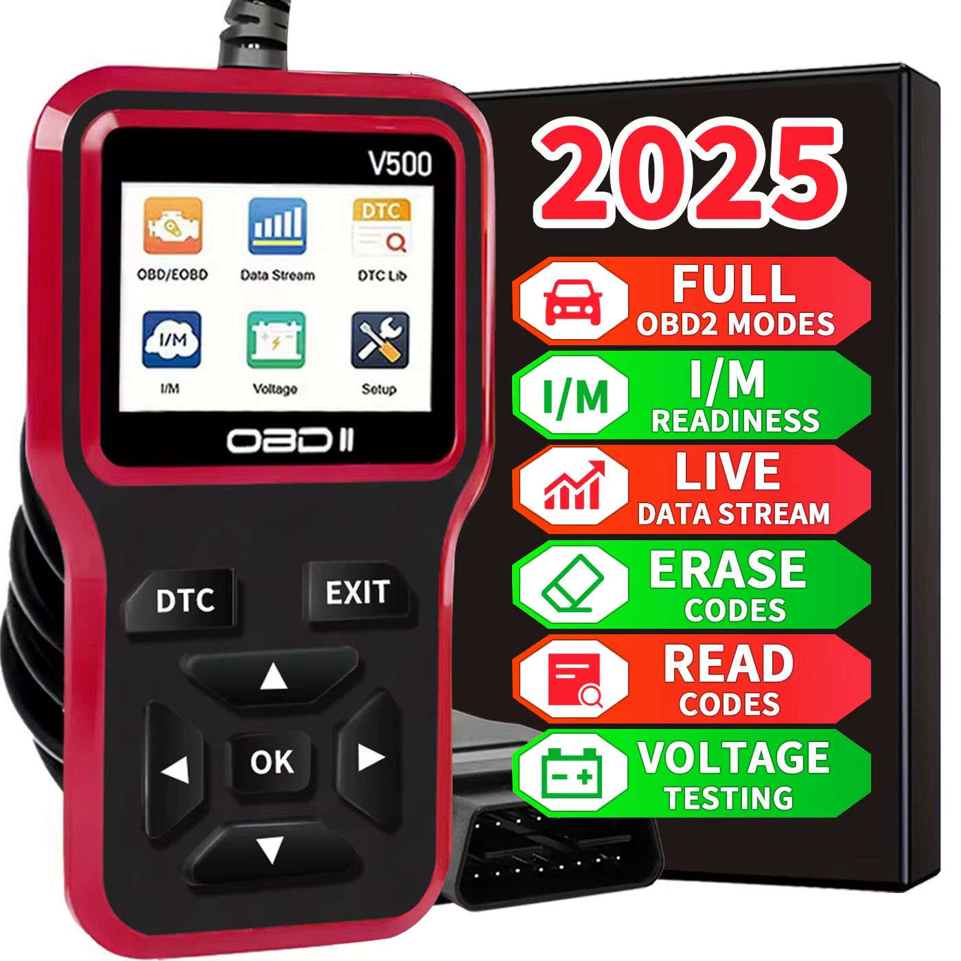 2025 Latest Obd2 Scanner Diagnostic Tool - Complete Engine Code Reader with Data Stream, I/M Readiness, Voltage Test, and Erase Function, Obd Powered, Compatible with All Vehicles since 1996