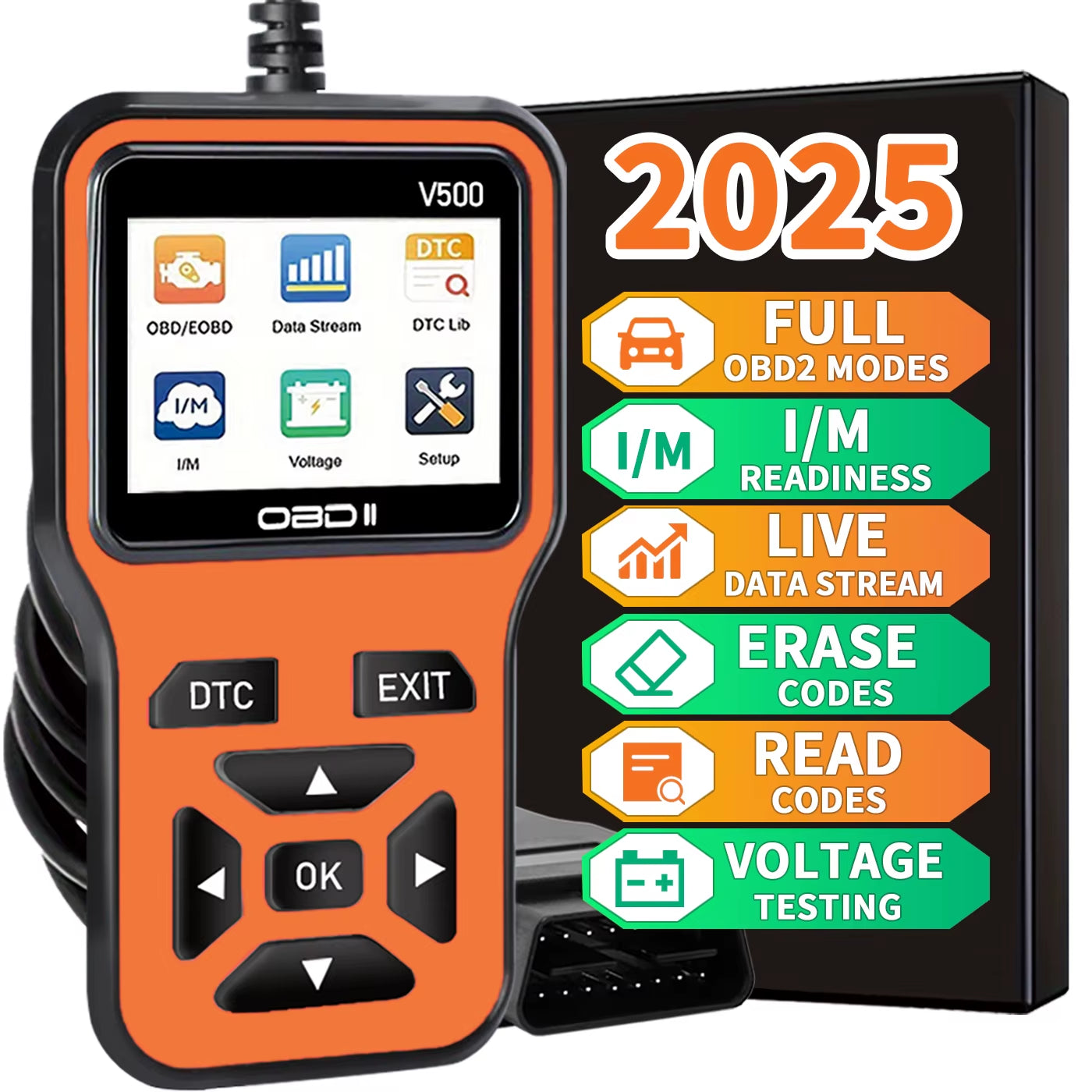 2025 Latest Obd2 Scanner Diagnostic Tool - Complete Engine Code Reader with Data Stream, I/M Readiness, Voltage Test, and Erase Function, Obd Powered, Compatible with All Vehicles since 1996