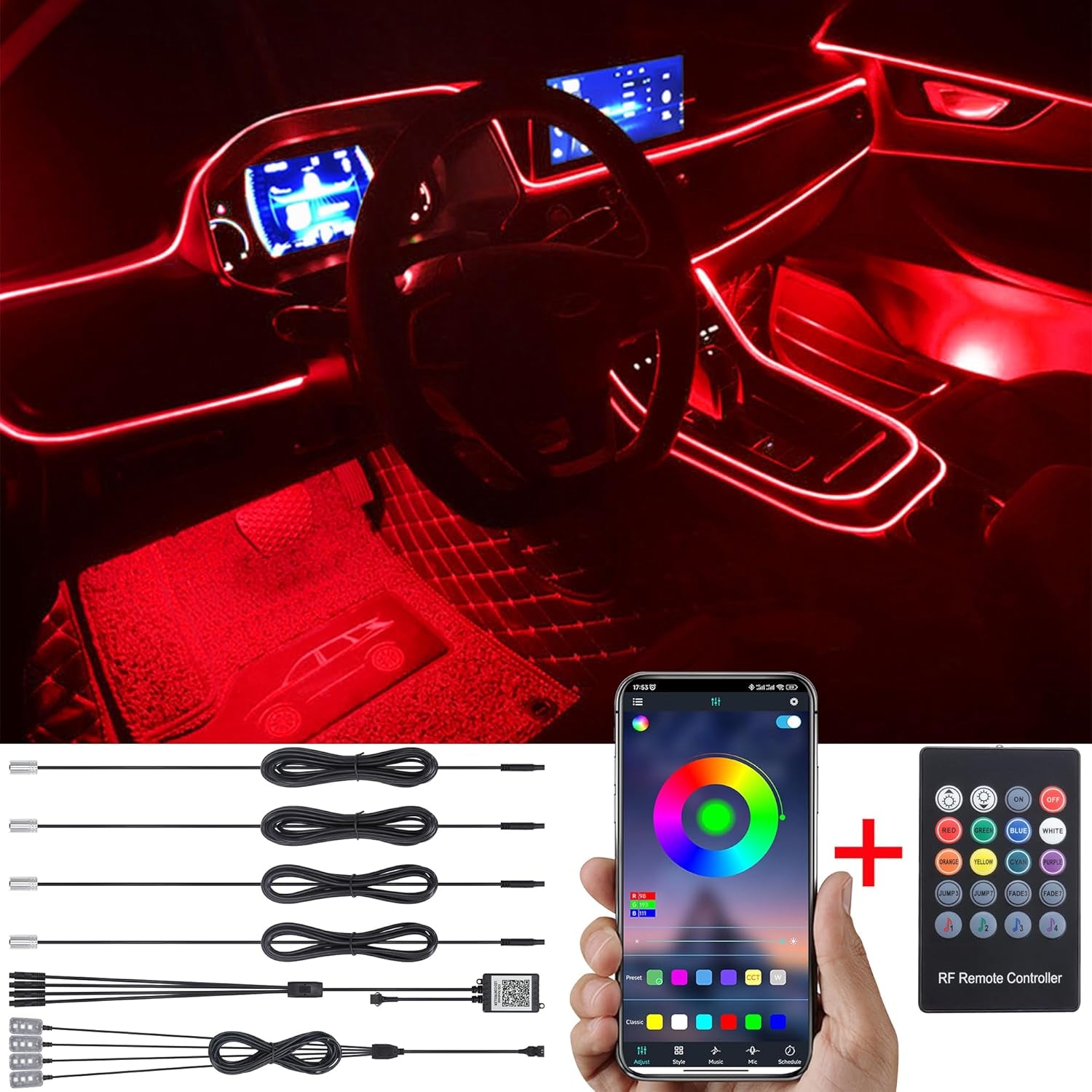 TABEN Kit De Luces De Ambiente Para Coche Sincronización Música RGB 16 Millones De Colores 5 Metros Fibra Óptica USB Footwell Luz Ambiental, Control Remoto RF Y Control De Aplicación Bluetooth DC 12V