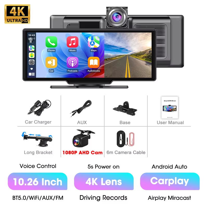 10.26'' 4K Dash Cam Car DVR Android Auto Carplay Display Screen Smart Car System Video Recorder Monitor with Rear Camera 5G WIFI