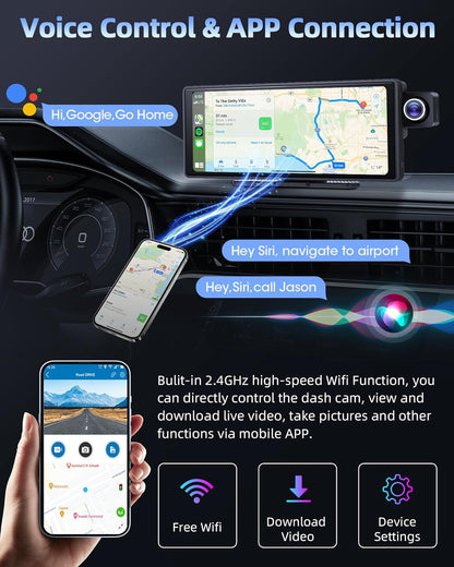 350° Rotatable Pantalla Carplay Android Auto Pantalla Con 4K Dash CAM, 10.26 Pulgadas Pantalla Cocho Carplay Pantalla Aoche Android Portátil Carplay Pantalla Dual Bluetooth 64G TF Card