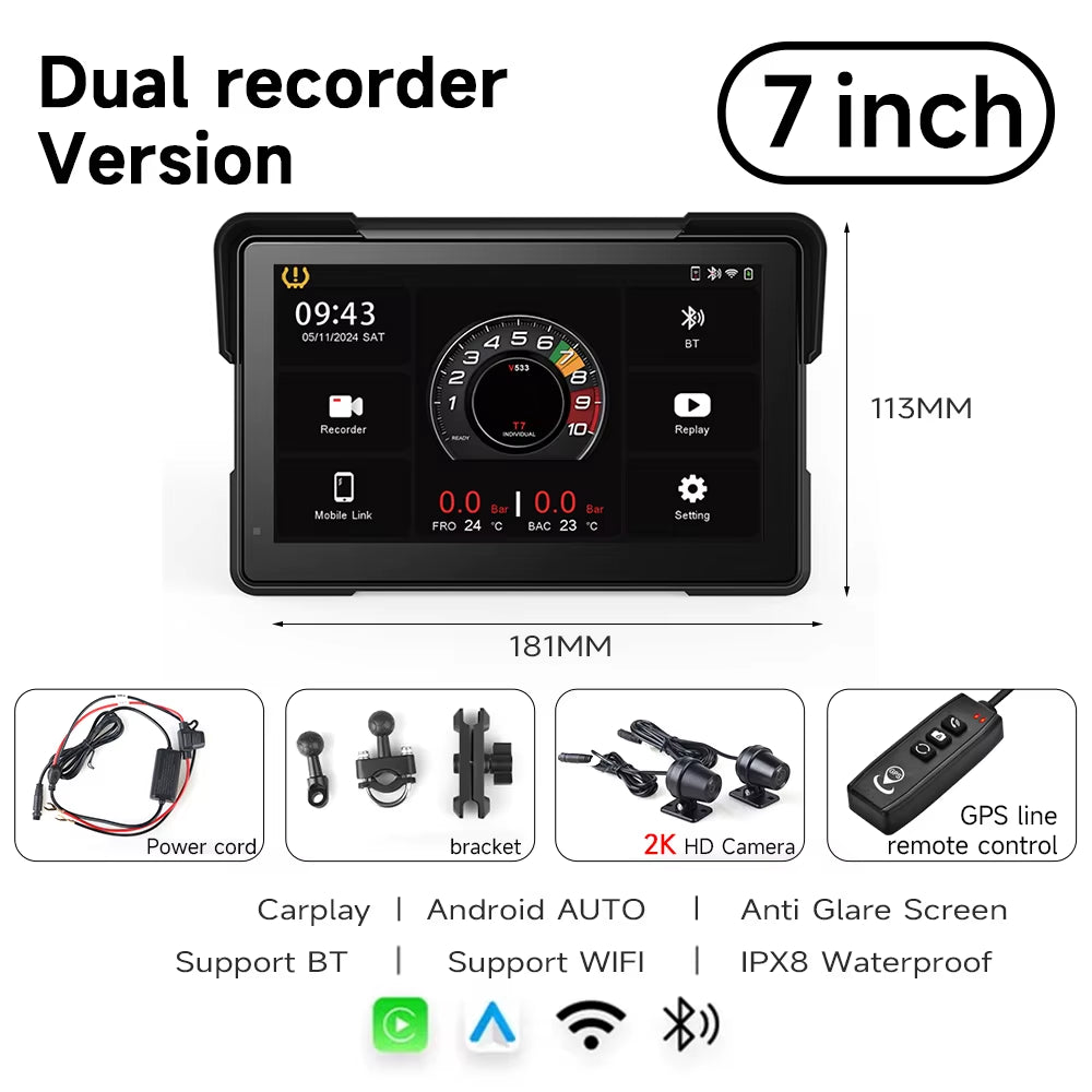 7'' Motorcycle DVR GPS Navigator Dash Cam Wireless Carplay Android Auto IPX8 Waterproof Moto Front Rear Camera Bluetooth Inch