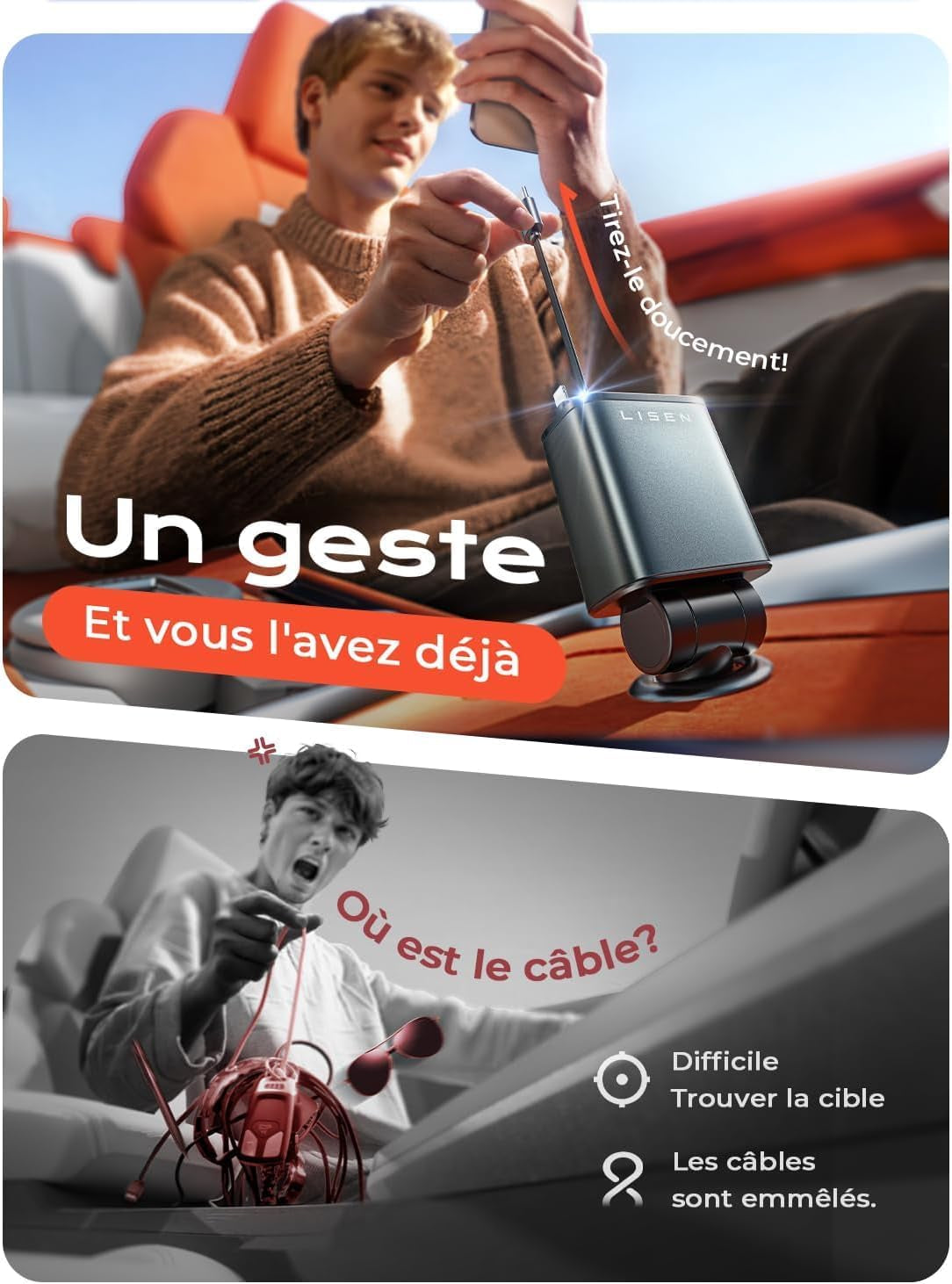 LISEN Retráctil Cargador Coche Carga Rápida 69W, Accesorios Coche Camper Furgoneta Para Iphone 16 Pro Max/E 15 Cargador Mechero USB C 12V Para Samsung S25 Xiaomi Regalos Originales Mujer Gadgets