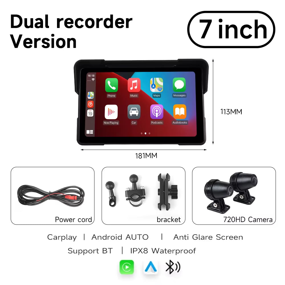 7'' Motorcycle DVR GPS Navigator Dash Cam Wireless Carplay Android Auto IPX8 Waterproof Moto Front Rear Camera Bluetooth Inch