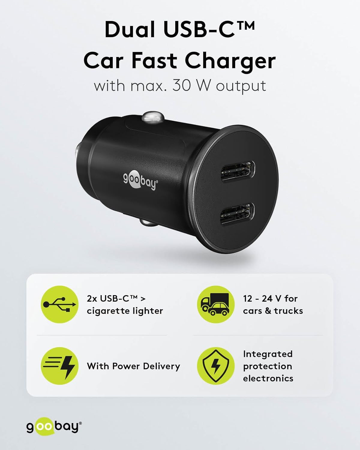 59705 Cargador De 2 Puertos Para Coche/Automóvil Con USB-C PD (Power Delivery), Mini Cargador De Mechero De Doble USB, Coche Y Camión (12V / 24V), 30W