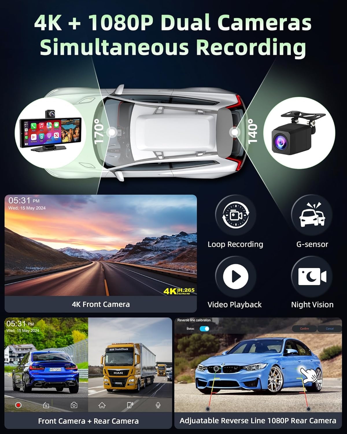 350° Rotatable Pantalla Carplay Android Auto Pantalla Con 4K Dash CAM, 10.26 Pulgadas Pantalla Cocho Carplay Pantalla Aoche Android Portátil Carplay Pantalla Dual Bluetooth 64G TF Card