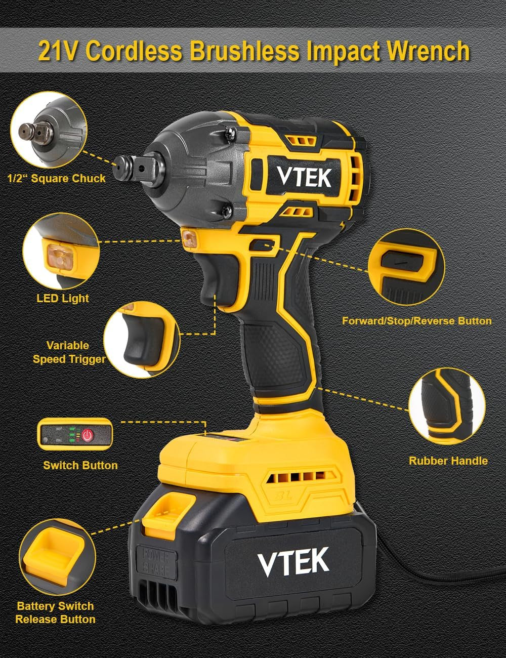 Llave De Impacto Inalámbrica Sin Escobillas, Par Máximo De 400 N.M, Llave De Impacto Eléctrica De 295 Pies-Libras, Portabrocas De 1/2 Pulgada