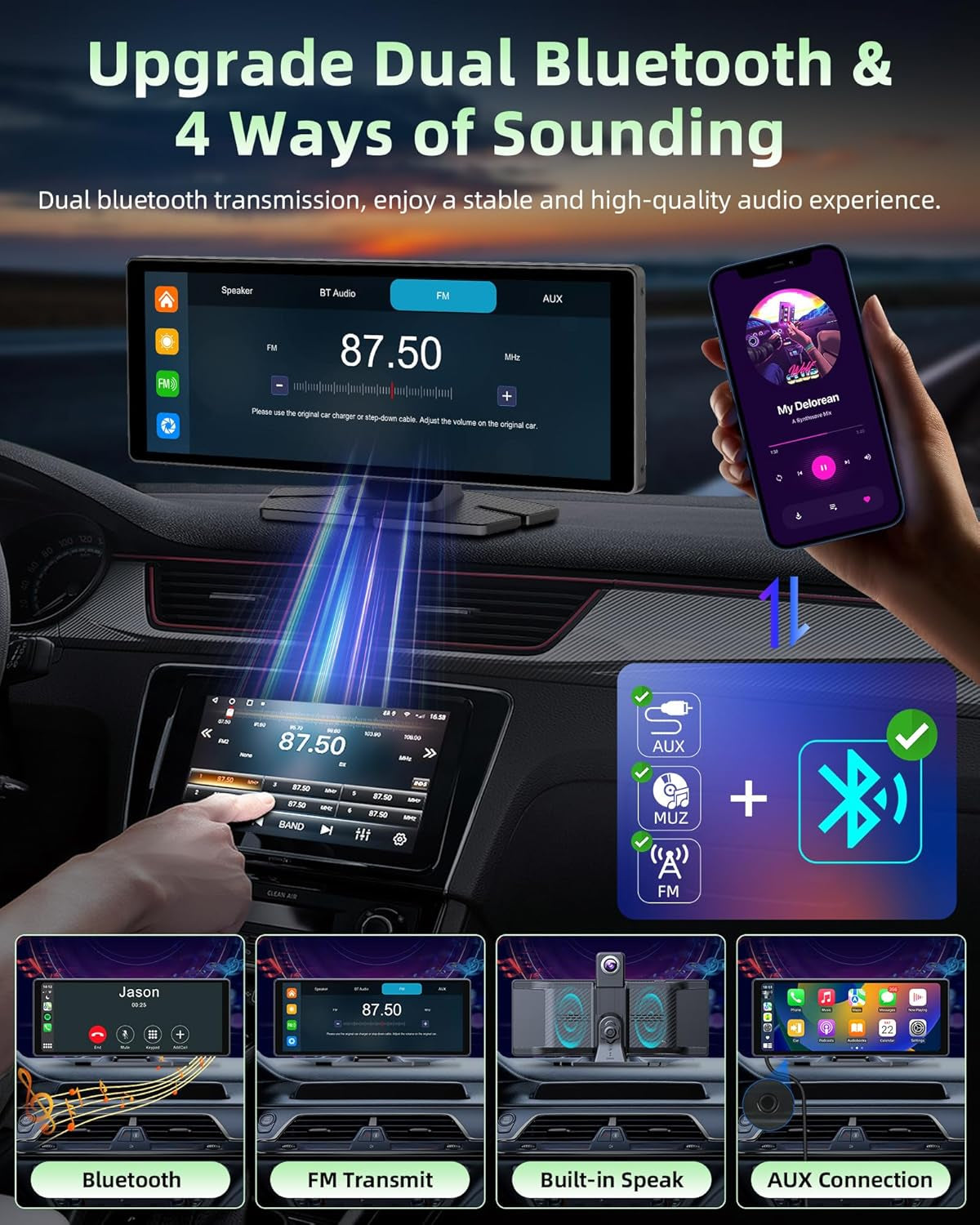 350° Rotatable Pantalla Carplay Android Auto Pantalla Con 4K Dash CAM, 10.26 Pulgadas Pantalla Cocho Carplay Pantalla Aoche Android Portátil Carplay Pantalla Dual Bluetooth 64G TF Card