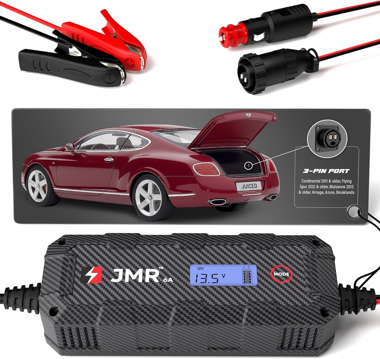 JMR Cargador De Bateria Para Bentley Continental GT Flying Spur Mulsanne Arnage Azure Brooklands Mantenedor De Carga Acondicionador (Puerto De 3-Pines, Sin Modo Litio)