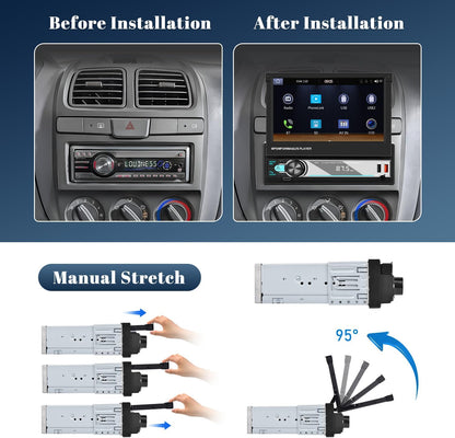 Hikity Am FM Radio Coche 1 DIN Wireless Carplay Android Auto Con Retráctil Pantalla Táctil 7 Pulgadas 1Din Bluetooth Mirror Link USB + Cámara De Marcha Atrás Y Control Remoto