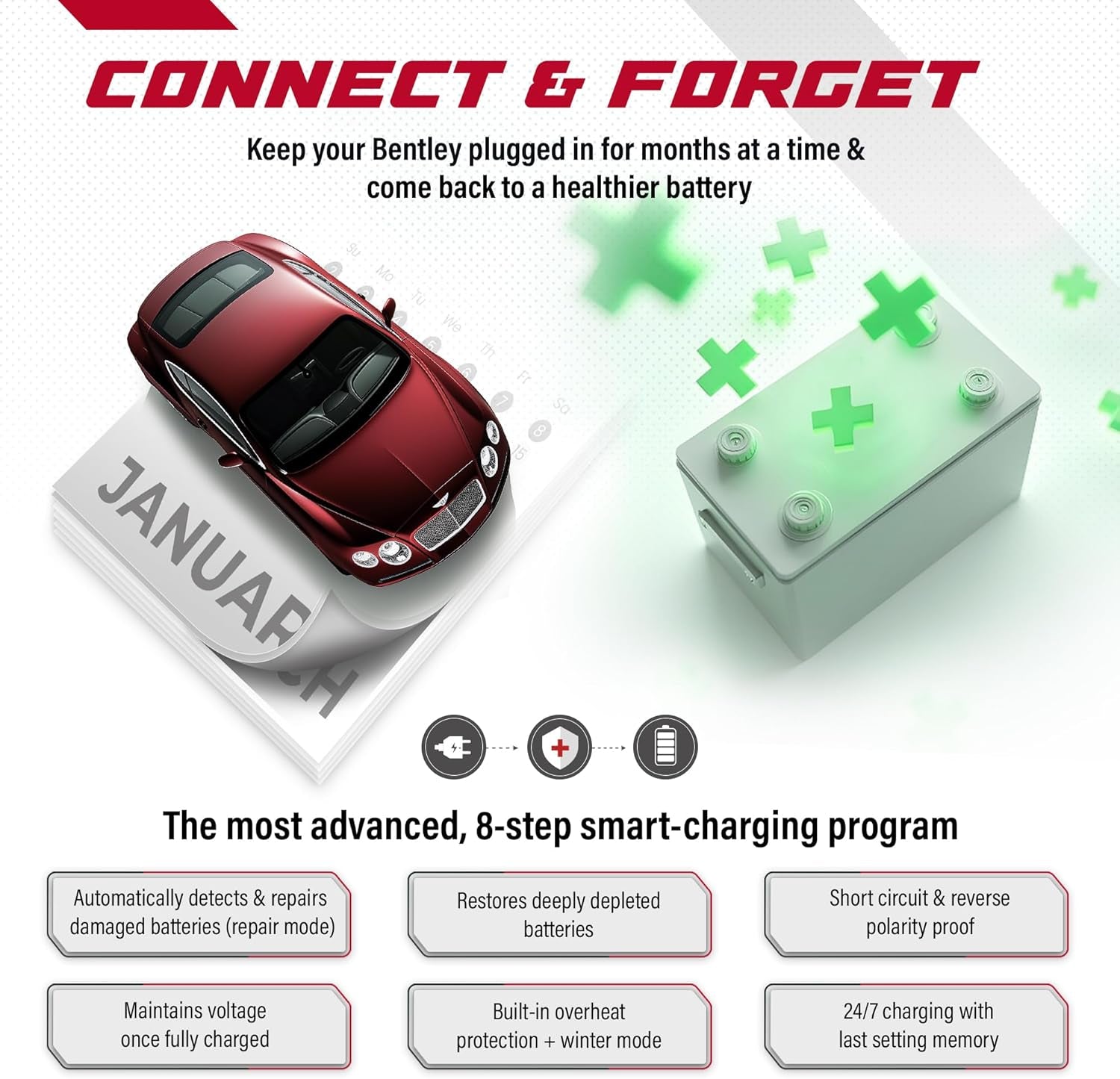 JMR Cargador De Bateria Para Bentley Continental GT Flying Spur Mulsanne Arnage Azure Brooklands Mantenedor De Carga Acondicionador (Puerto De 3-Pines, Sin Modo Litio)