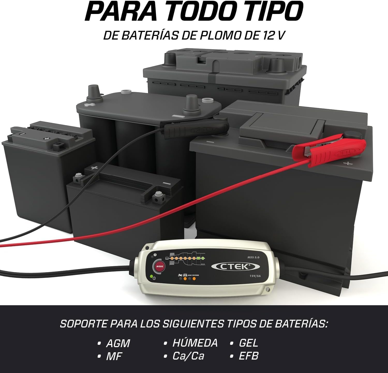 MXS 5.0, Cargador Batería 12V 5A Con Compensación De Temperatura Incorporada, Cargador De Batería De Coche Y Moto, Cargador Inteligente Baterias, Mantenedor De Batería Con Opción De AGM Dedicada