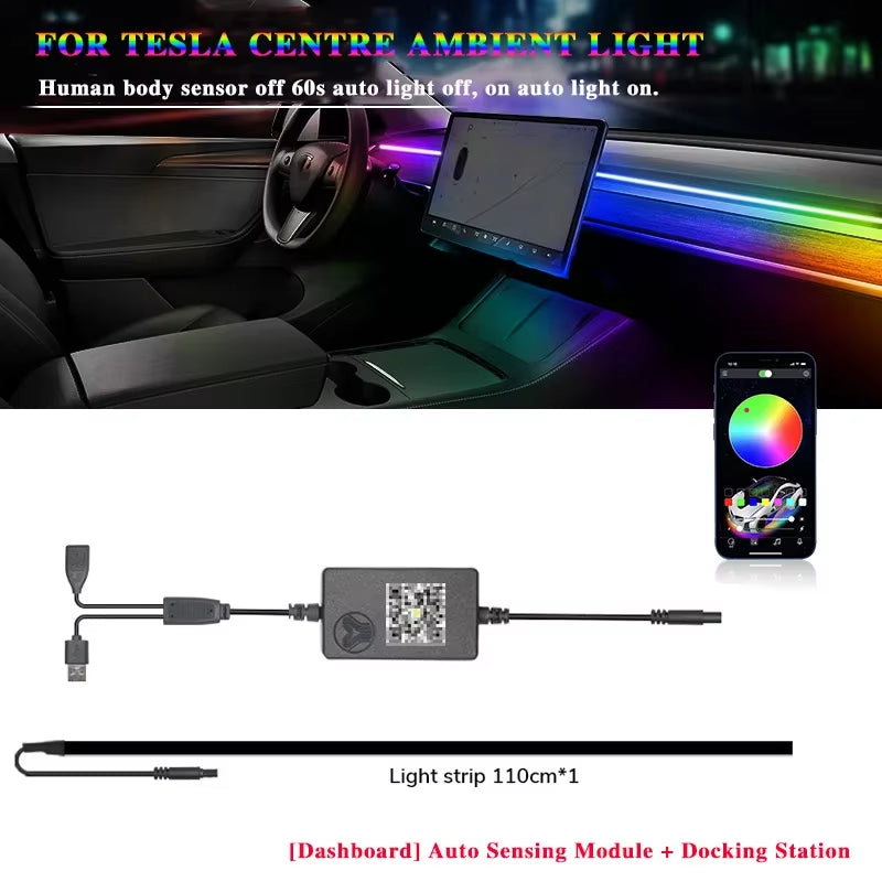 For Tesla Model Y 3 64Color RGB Ambient Light Kit Dashboard Car Center Console Center Stack APP Control LED Strips Neon Lighting