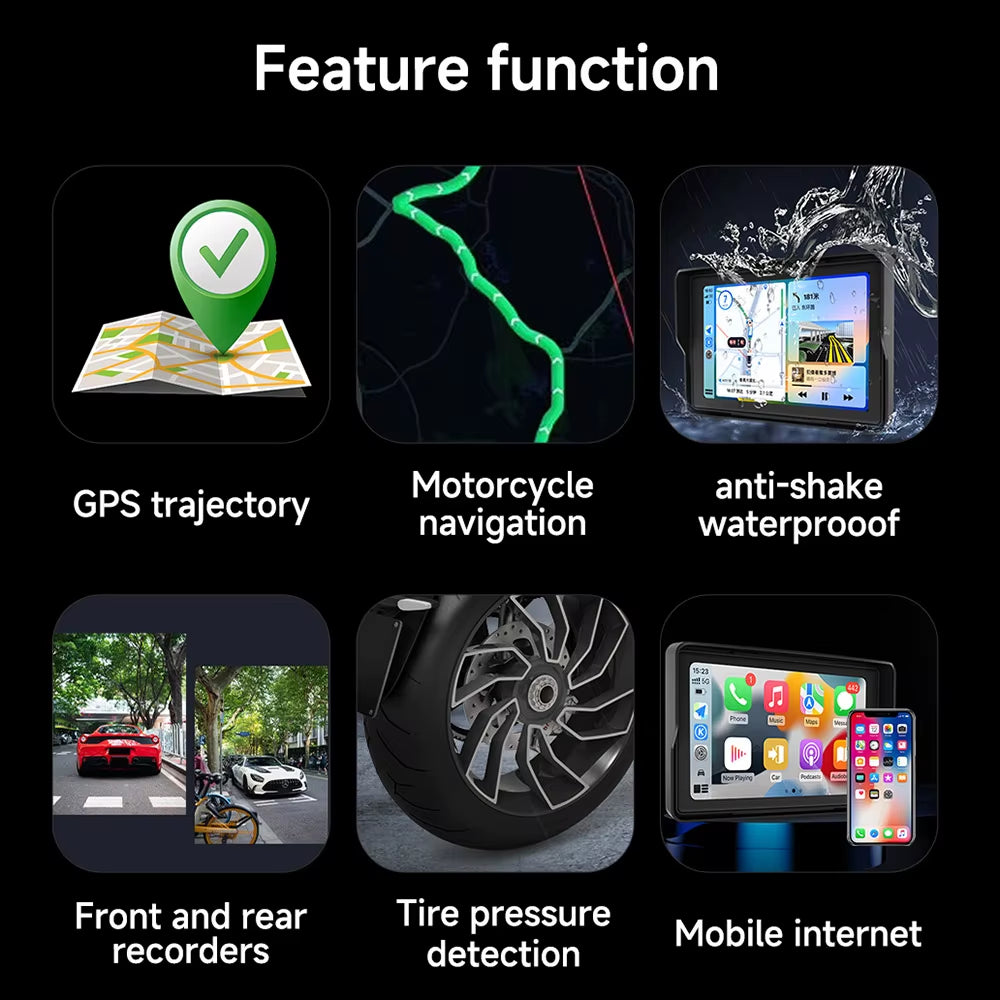 7'' Motorcycle DVR GPS Navigator Dash Cam Wireless Carplay Android Auto IPX8 Waterproof Moto Front Rear Camera Bluetooth Inch