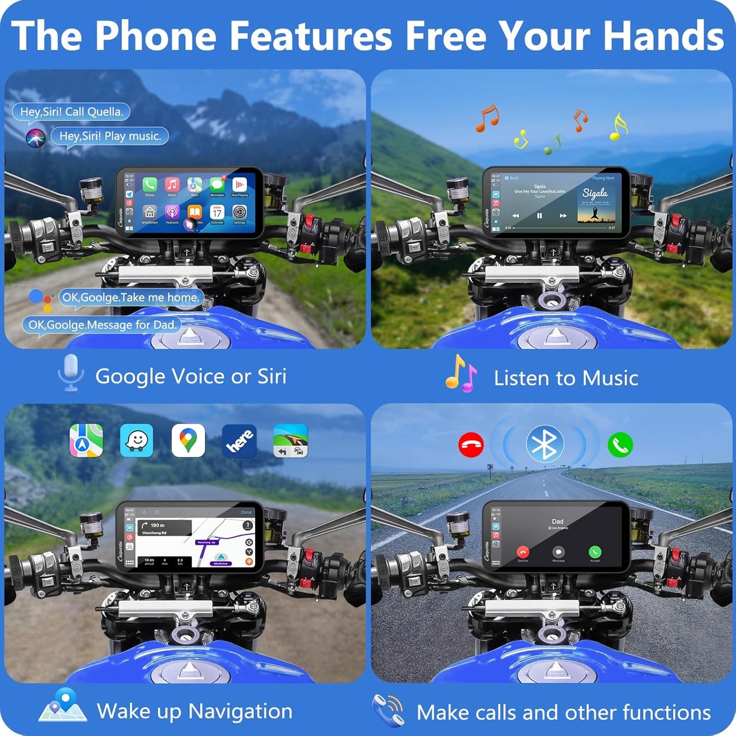 Carpuride Pantalla Carplay GPS Para Motocicleta De 6,3 Pulgadas, Carplay Inalámbrico Y Android Auto Para Motocicletas, Con Cámara Dual 1080P, Control Remoto, IP67 a Prueba De Agua, BT Aduio