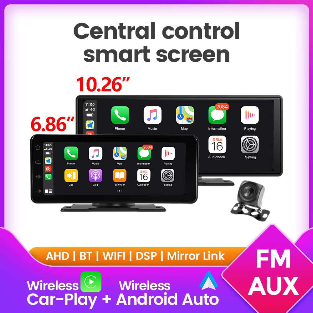 10.26"/6.86" Universal Car Radio Screen Wireless Carplay Android Auto Multimedia Video Player Monitor Dashboard Rearview Cam DSP