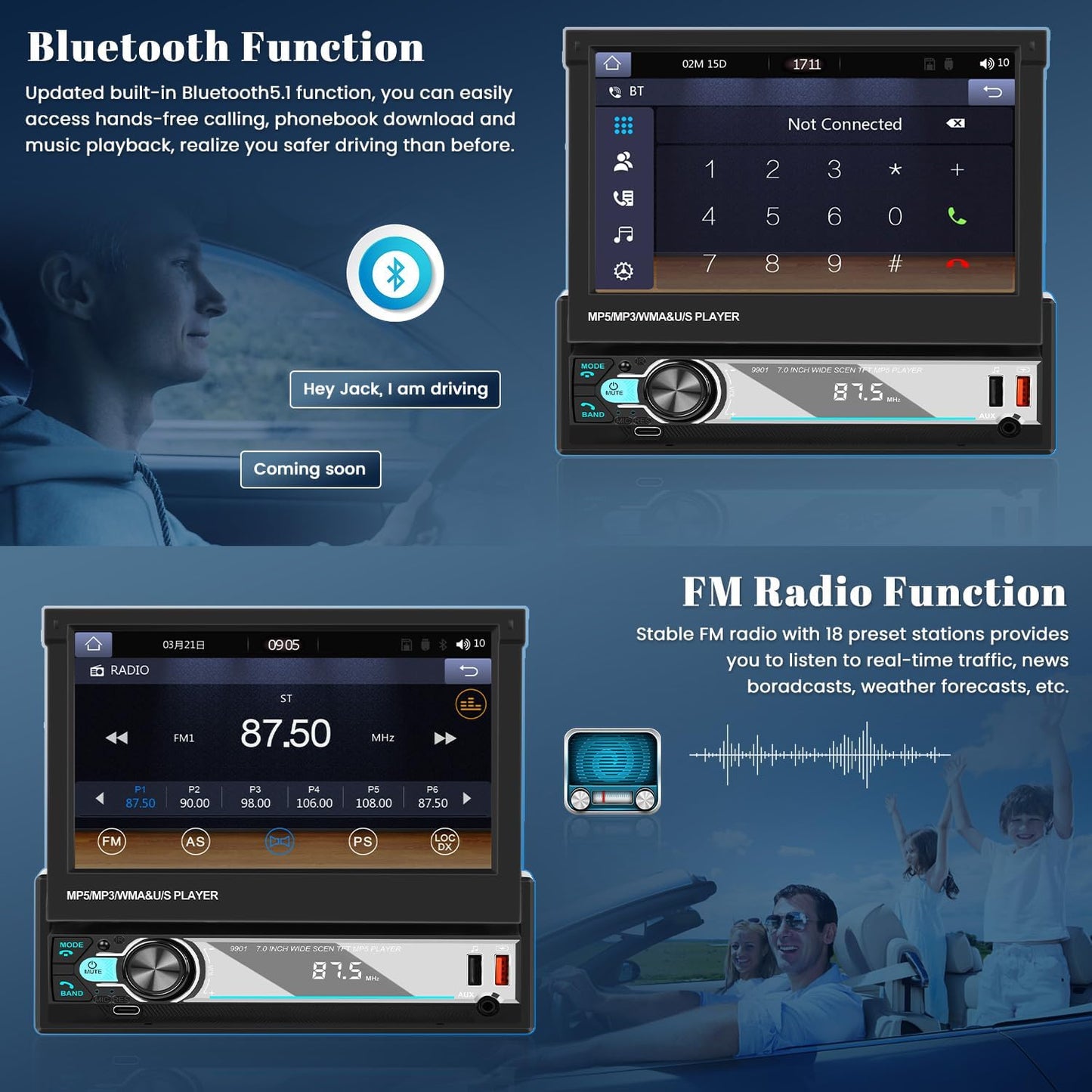 Hikity Am FM Radio Coche 1 DIN Wireless Carplay Android Auto Con Retráctil Pantalla Táctil 7 Pulgadas 1Din Bluetooth Mirror Link USB + Cámara De Marcha Atrás Y Control Remoto