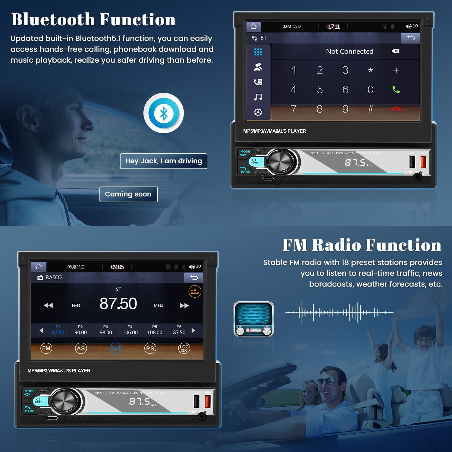 Hikity Am FM Radio Coche 1 DIN Wireless Carplay Android Auto Con Retráctil Pantalla Táctil 7 Pulgadas 1Din Bluetooth Mirror Link USB + Cámara De Marcha Atrás Y Control Remoto