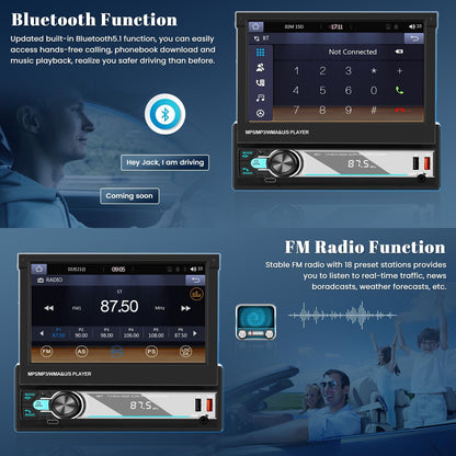 Hikity Am FM Radio Coche 1 DIN Wireless Carplay Android Auto Con Retráctil Pantalla Táctil 7 Pulgadas 1Din Bluetooth Mirror Link USB + Cámara De Marcha Atrás Y Control Remoto
