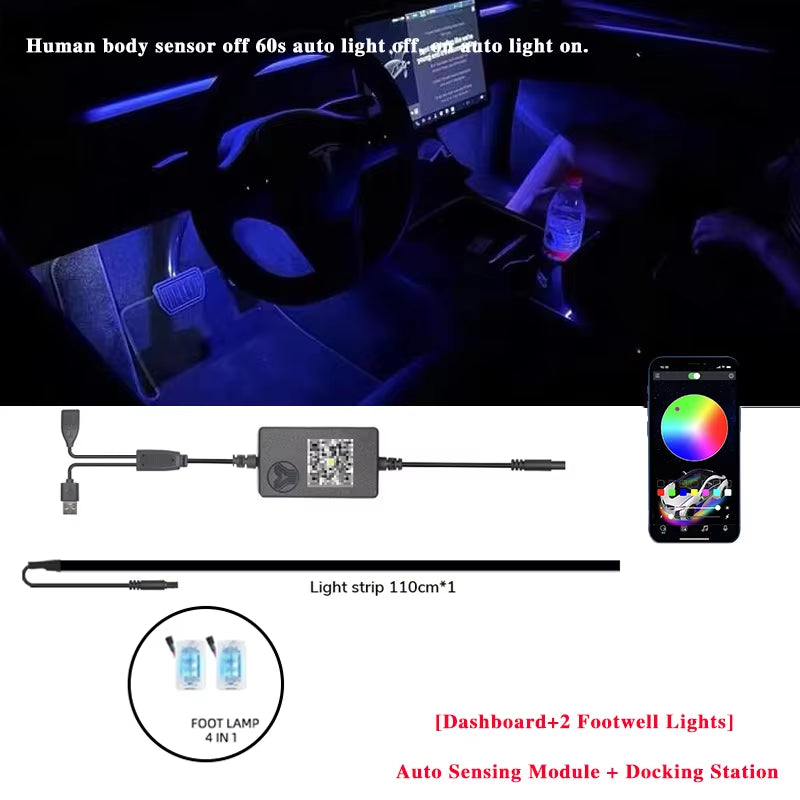 For Tesla Model Y 3 64Color RGB Ambient Light Kit Dashboard Car Center Console Center Stack APP Control LED Strips Neon Lighting