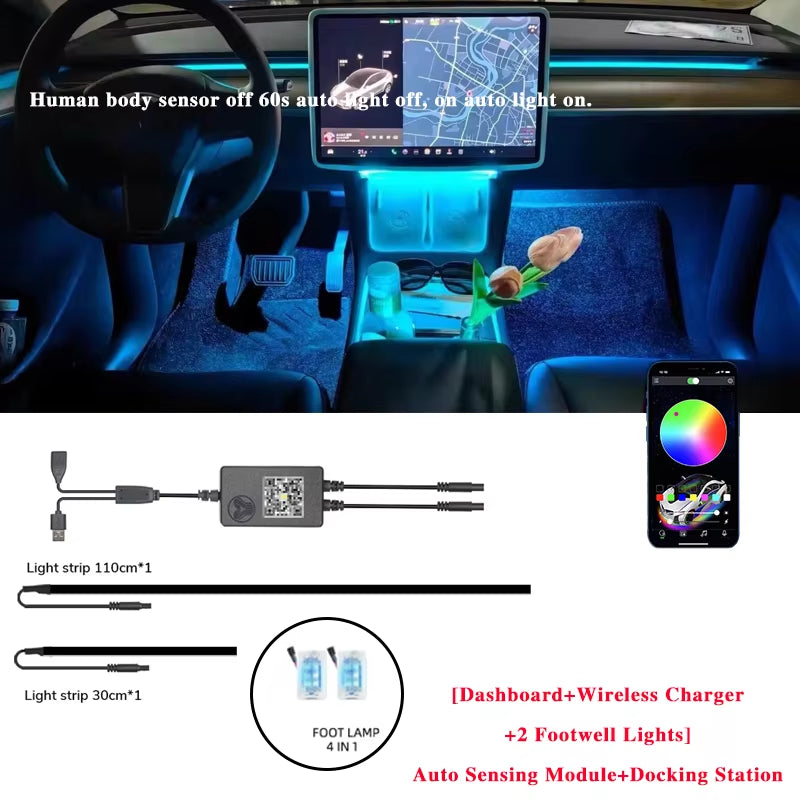 For Tesla Model Y 3 64Color RGB Ambient Light Kit Dashboard Car Center Console Center Stack APP Control LED Strips Neon Lighting