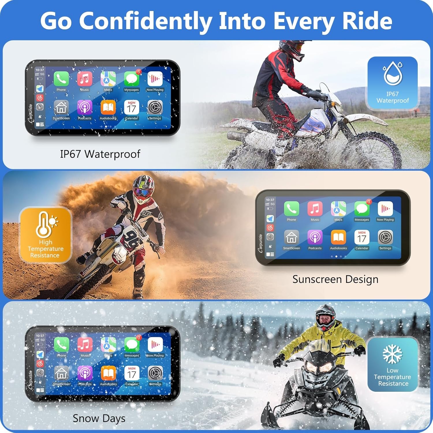 Carpuride Pantalla Carplay GPS Para Motocicleta De 6,3 Pulgadas, Carplay Inalámbrico Y Android Auto Para Motocicletas, Con Cámara Dual 1080P, Control Remoto, IP67 a Prueba De Agua, BT Aduio