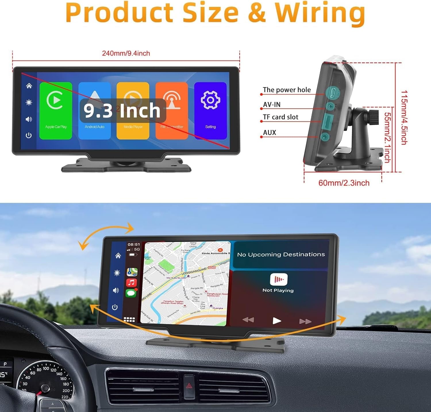 Podofo La Última Radio De Coche Portátil Inalámbrica Apple Carplay Y Android Auto,Pantalla Táctil IPS 1080P De 9,3 Pulgadas,Radio Estéreo Para Coche,Bluetooth, Aux,Control De Voz,Transmisor FM,TF