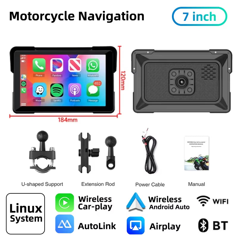 7" Inch Motorcycles DVR Navigation GPS Wireless Carplay Android Auto Portable Smart Display Waterproof IPX7 HD Recording Camera