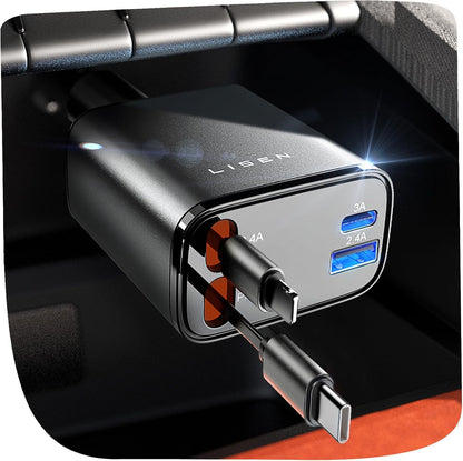 LISEN Retráctil Cargador Coche Carga Rápida 69W, Accesorios Coche Camper Furgoneta Para Iphone 16 Pro Max/E 15 Cargador Mechero USB C 12V Para Samsung S25 Xiaomi Regalos Originales Mujer Gadgets