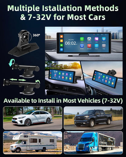 350° Rotatable Pantalla Carplay Android Auto Pantalla Con 4K Dash CAM, 10.26 Pulgadas Pantalla Cocho Carplay Pantalla Aoche Android Portátil Carplay Pantalla Dual Bluetooth 64G TF Card