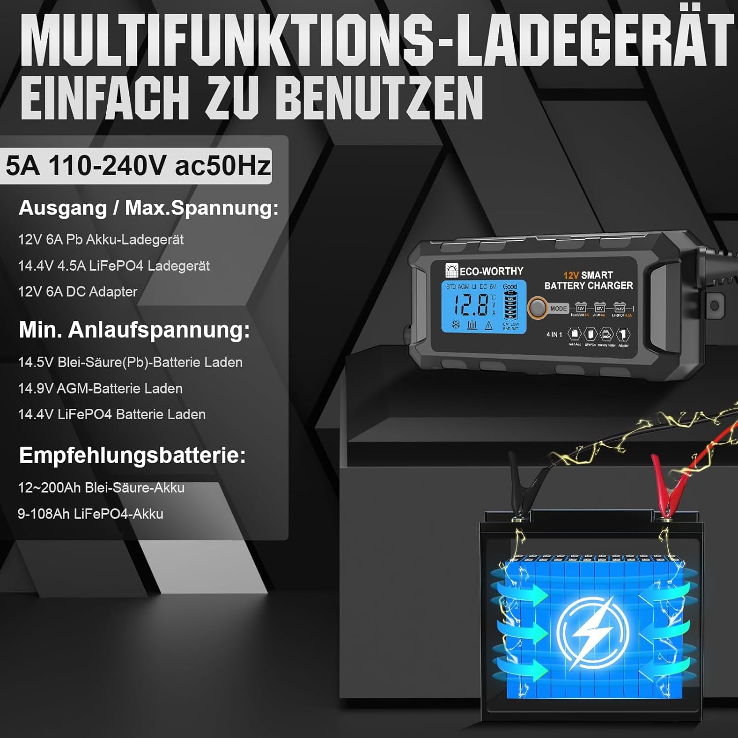ECO-WORTHY Cargador De Baterias 12V, 5A Cargador Bateria Con Activación De Batería De Litio Para Baterías De Litio Y Plomo En Coche Moto Cortacésped Barco Baterías Marinas
