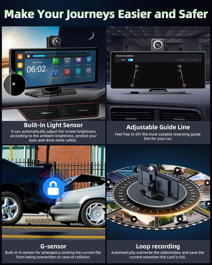 350° Rotatable Pantalla Carplay Android Auto Pantalla Con 4K Dash CAM, 10.26 Pulgadas Pantalla Cocho Carplay Pantalla Aoche Android Portátil Carplay Pantalla Dual Bluetooth 64G TF Card