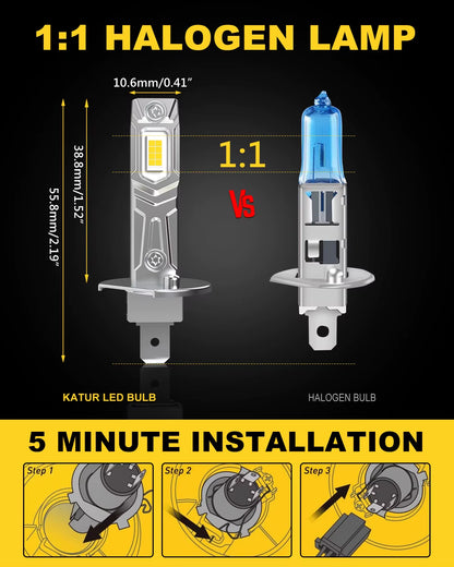 2Pcs Canbus Error Free H1 LED Bulbs Super Bright High Beam H1 Car LED Head Fog Lights Fanless 6000K White 12V Mini Size