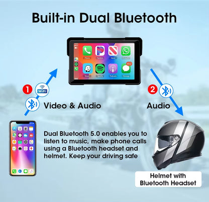 7" Inch Motorcycles DVR Navigation GPS Wireless Carplay Android Auto Portable Smart Display Waterproof IPX7 HD Recording Camera