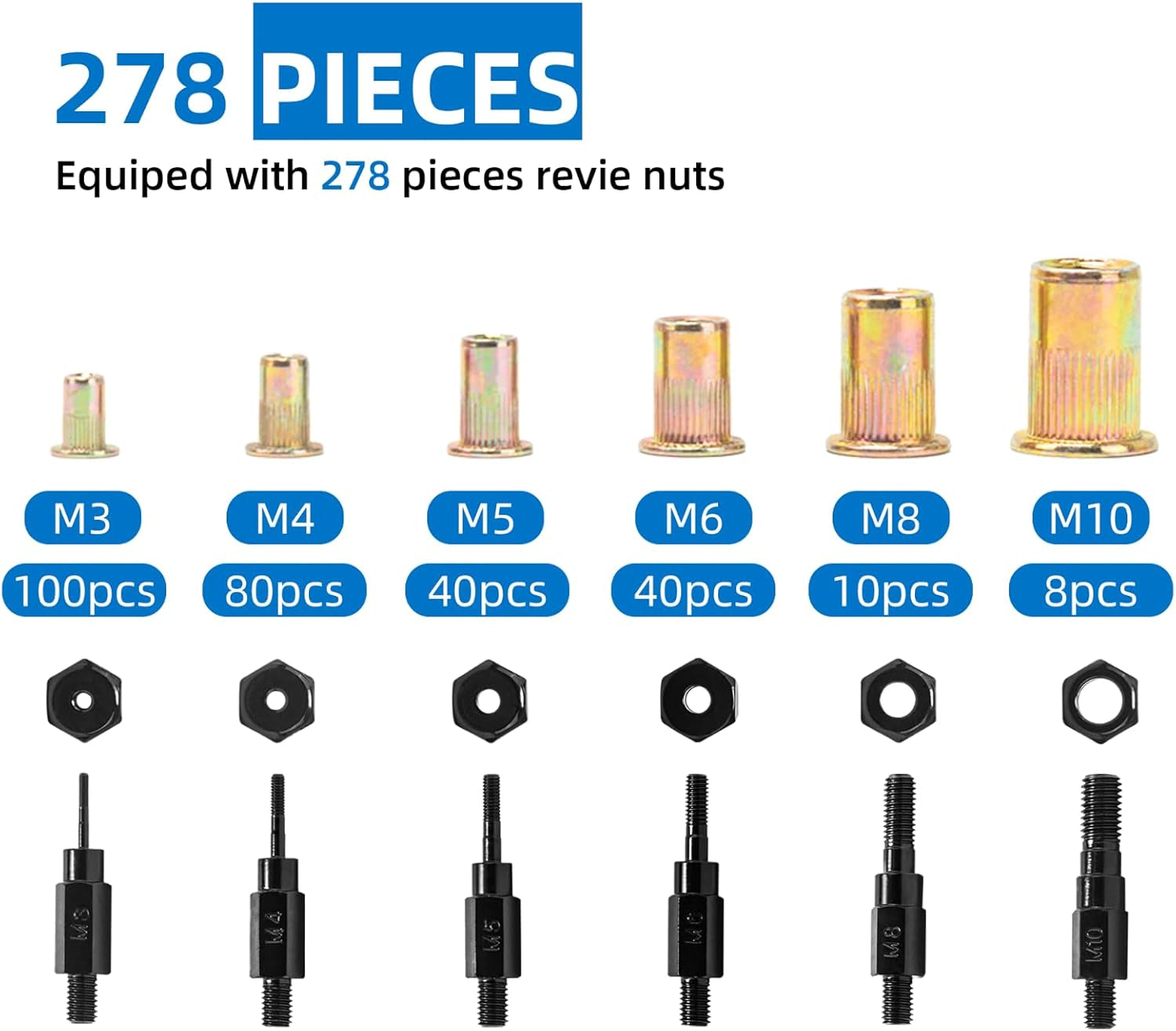 Remachadora De Tuercas, Remachadora De 14" Kit Incluye 278 Tuercas Remachables M3 M4 M5 M6 M8 M10