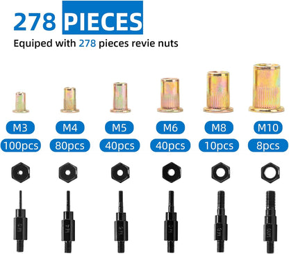 Remachadora De Tuercas, Remachadora De 14" Kit Incluye 278 Tuercas Remachables M3 M4 M5 M6 M8 M10