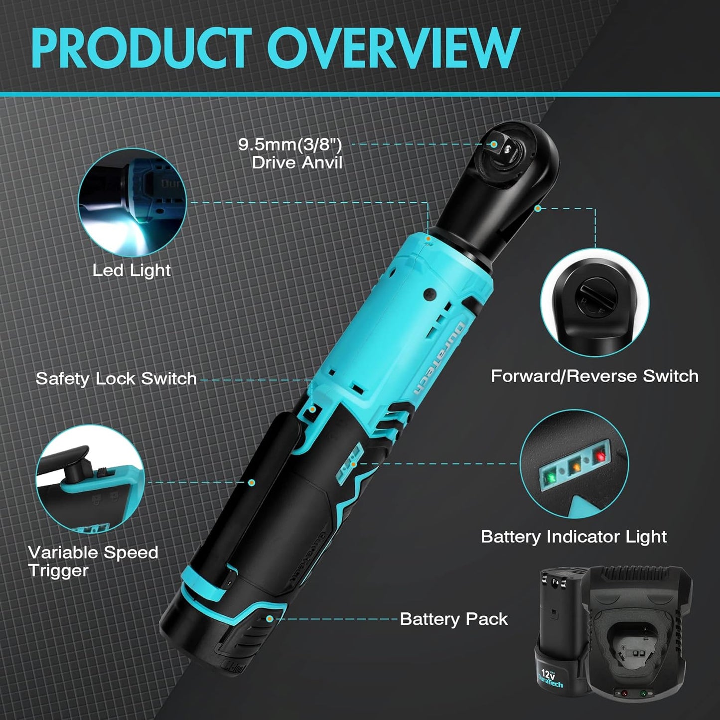 Llave De Carraca Eléctrica Inalámbrica, 12V Atornillador De Impacto, Llave De Trinquete Con Carga Rápida, 2 Packs De Batería De 2000Mah, Gatillo De Velocidad Variable, 65N.M