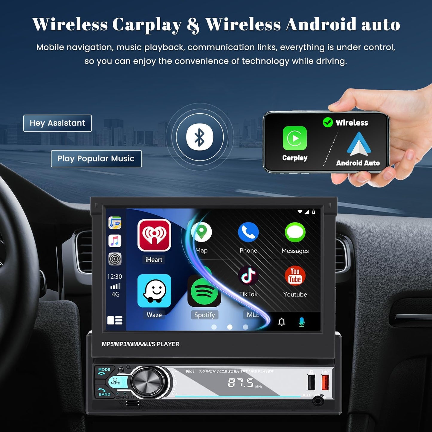 Hikity Am FM Radio Coche 1 DIN Wireless Carplay Android Auto Con Retráctil Pantalla Táctil 7 Pulgadas 1Din Bluetooth Mirror Link USB + Cámara De Marcha Atrás Y Control Remoto