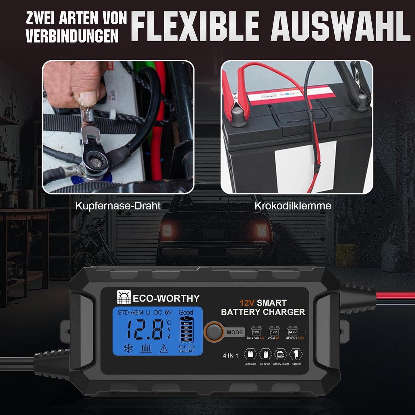 ECO-WORTHY Cargador De Baterias 12V, 5A Cargador Bateria Con Activación De Batería De Litio Para Baterías De Litio Y Plomo En Coche Moto Cortacésped Barco Baterías Marinas