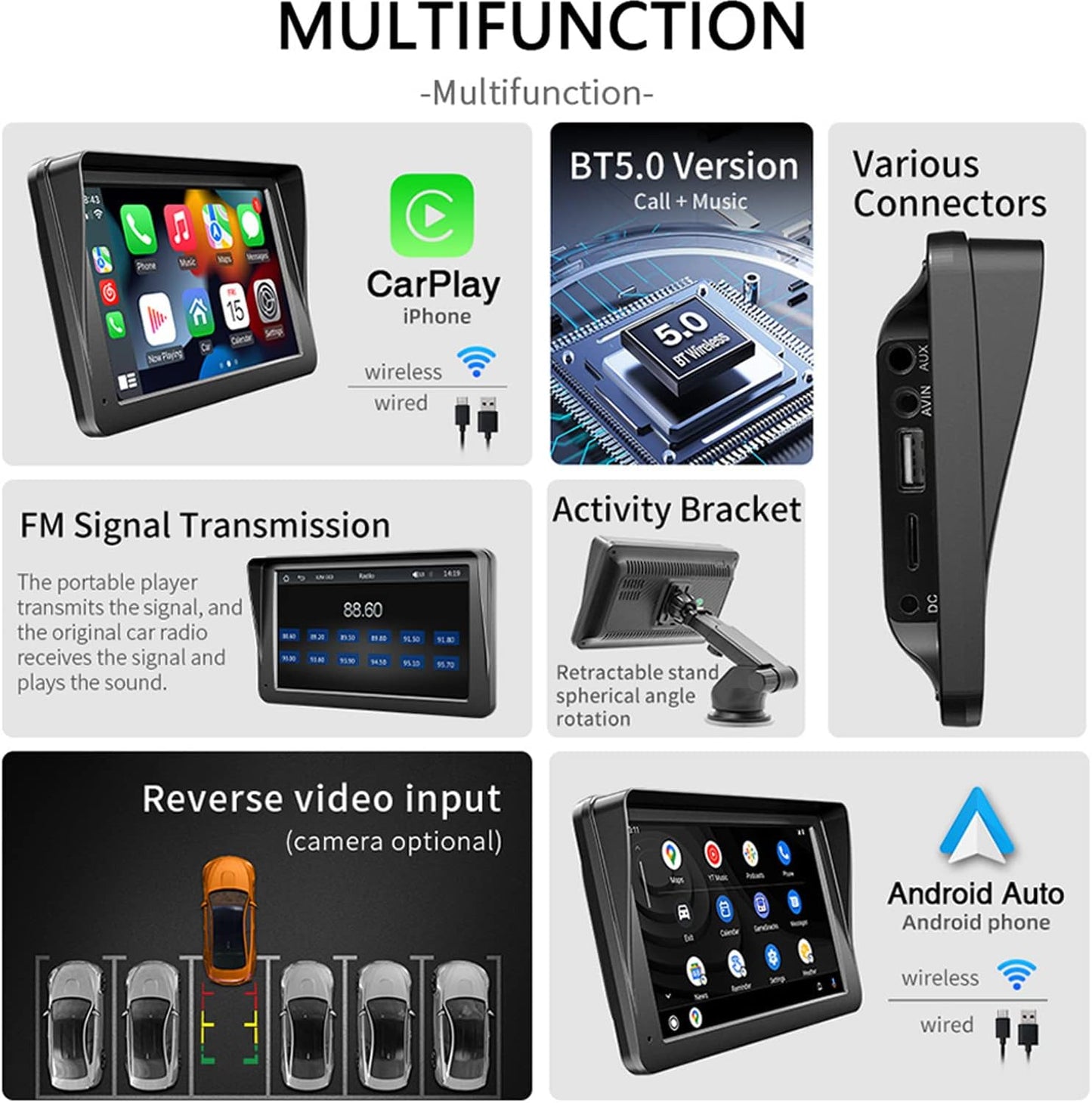 Compatible for Inalámbrico Carplay Android Auto 7" Portátil Estéreo Auto Monitor De Pantalla Táctil HD Radio Para Automóvil Con Bluetooth Mirrorlink Transmisor FM Puerto De Tarjeta AUX / USB / TF
