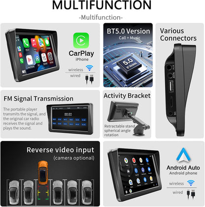Compatible for Inalámbrico Carplay Android Auto 7" Portátil Estéreo Auto Monitor De Pantalla Táctil HD Radio Para Automóvil Con Bluetooth Mirrorlink Transmisor FM Puerto De Tarjeta AUX / USB / TF