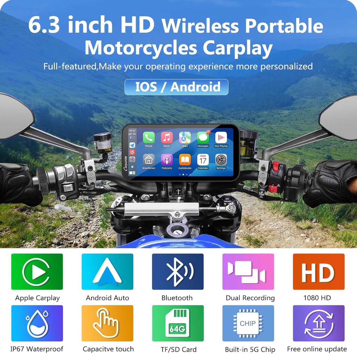 Carpuride Pantalla Carplay GPS Para Motocicleta De 6,3 Pulgadas, Carplay Inalámbrico Y Android Auto Para Motocicletas, Con Cámara Dual 1080P, Control Remoto, IP67 a Prueba De Agua, BT Aduio