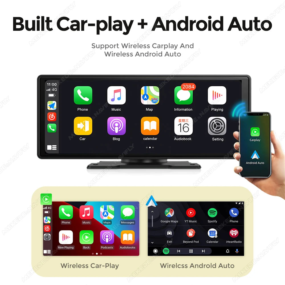 10.26" Car Monitor Wireless Carplay Android-Auto Screen DSP WIFI Multimedia Player Support HD Camera FM AUX Navigation Dashboard