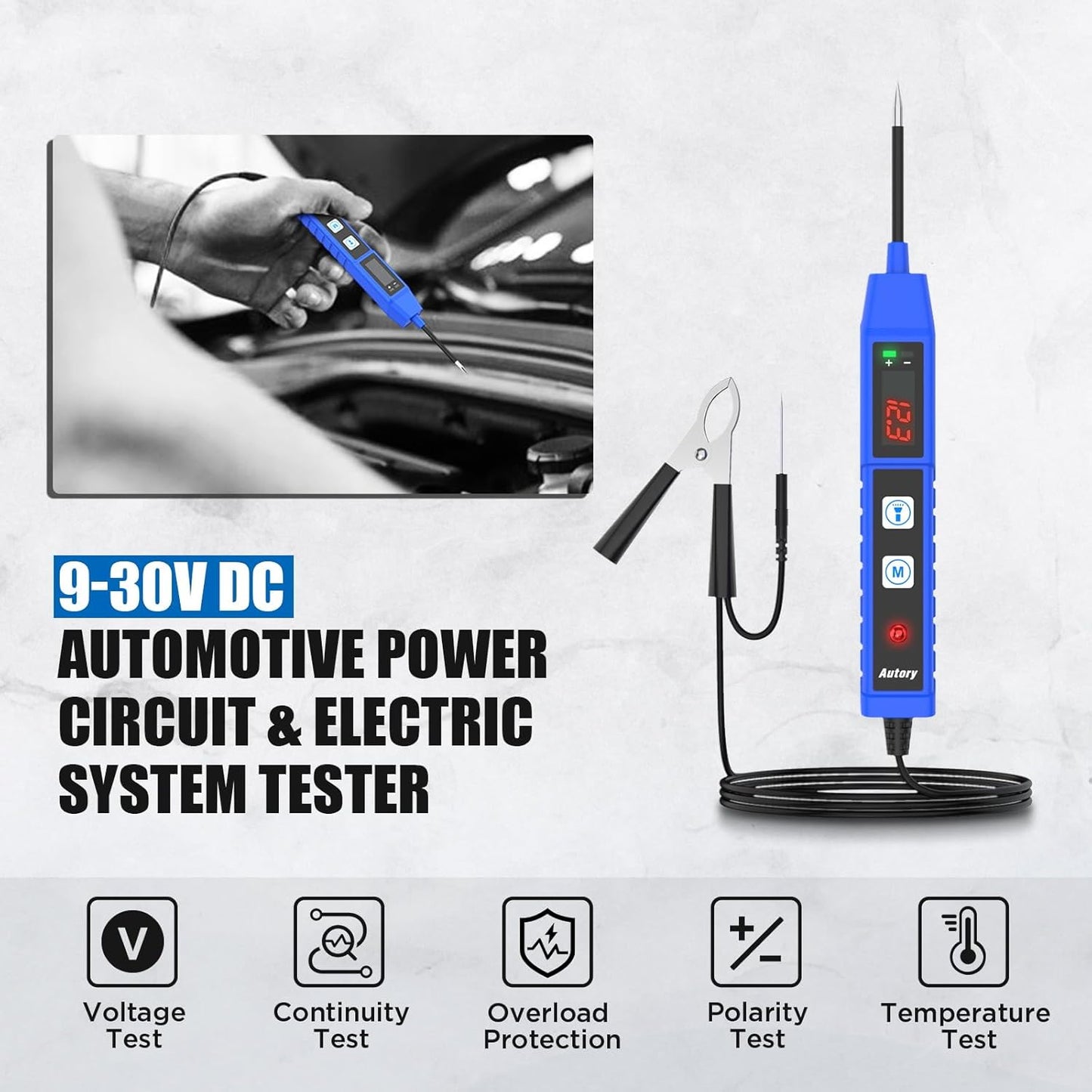 BELEY Comprobador De Circuitos Eléctricos De Automoción Comprobador De Voltaje Para Coche DC 9V-30V Con Pantalla Digital Comprobador De Voltaje Automático Con Luz LED, Protección Contra Sobrecarga