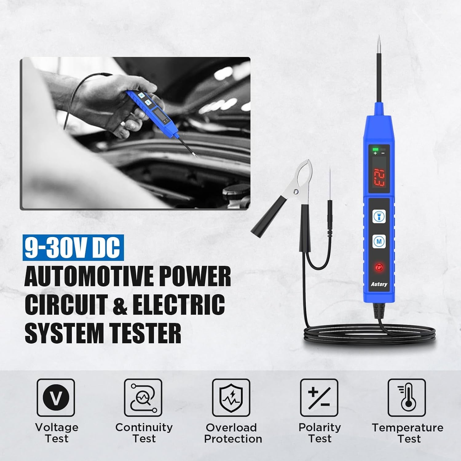 BELEY Comprobador De Circuitos Eléctricos De Automoción Comprobador De Voltaje Para Coche DC 9V-30V Con Pantalla Digital Comprobador De Voltaje Automático Con Luz LED, Protección Contra Sobrecarga