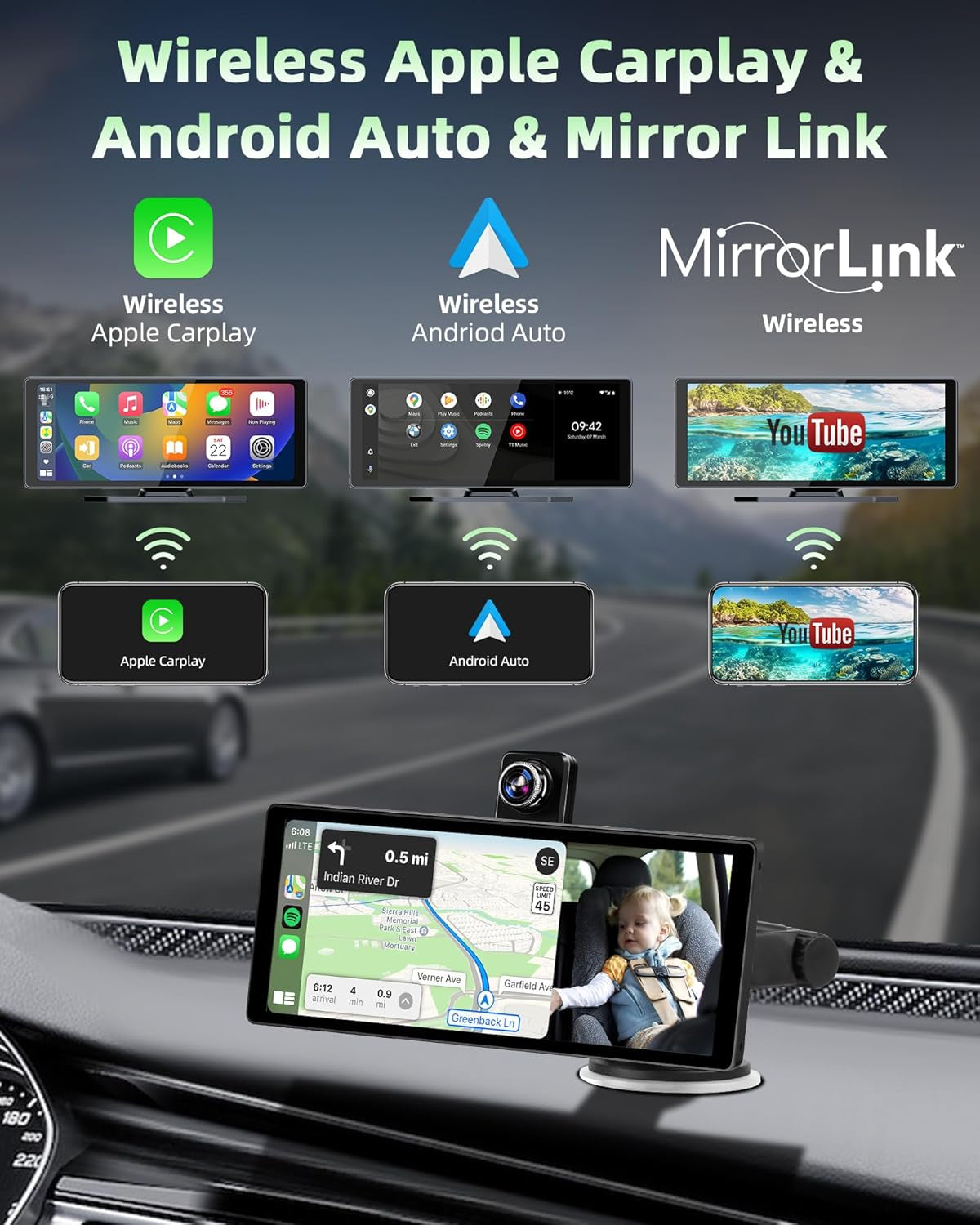 350° Rotatable Pantalla Carplay Android Auto Pantalla Con 4K Dash CAM, 10.26 Pulgadas Pantalla Cocho Carplay Pantalla Aoche Android Portátil Carplay Pantalla Dual Bluetooth 64G TF Card