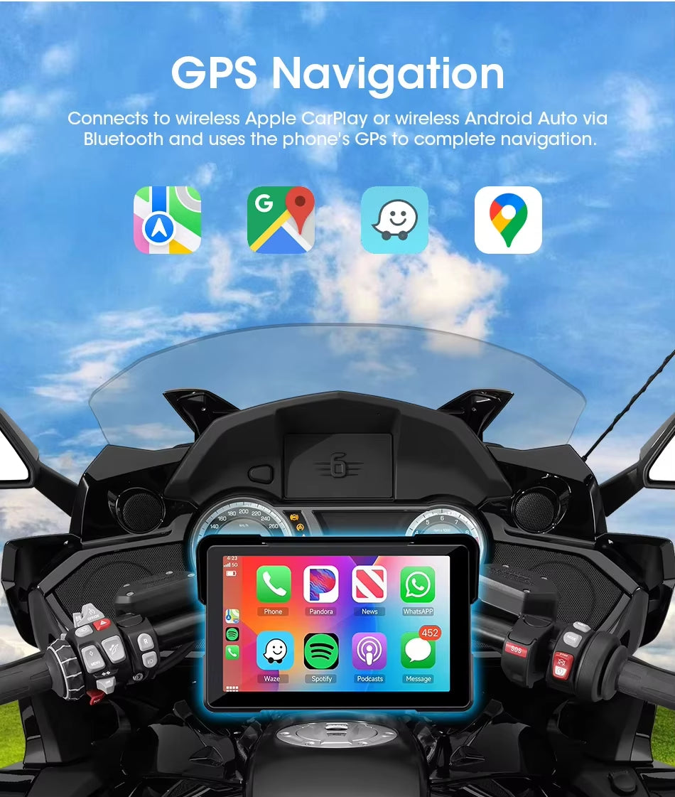 7" Inch Motorcycles DVR Navigation GPS Wireless Carplay Android Auto Portable Smart Display Waterproof IPX7 HD Recording Camera
